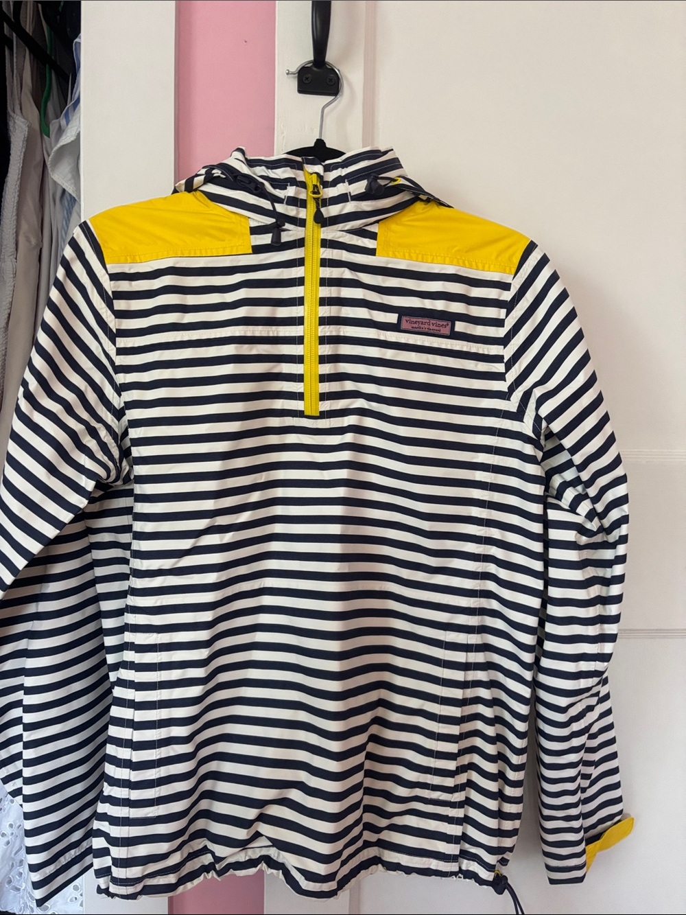Vineyard Vines Navy & White Striped Raincoat with Yellow Accents